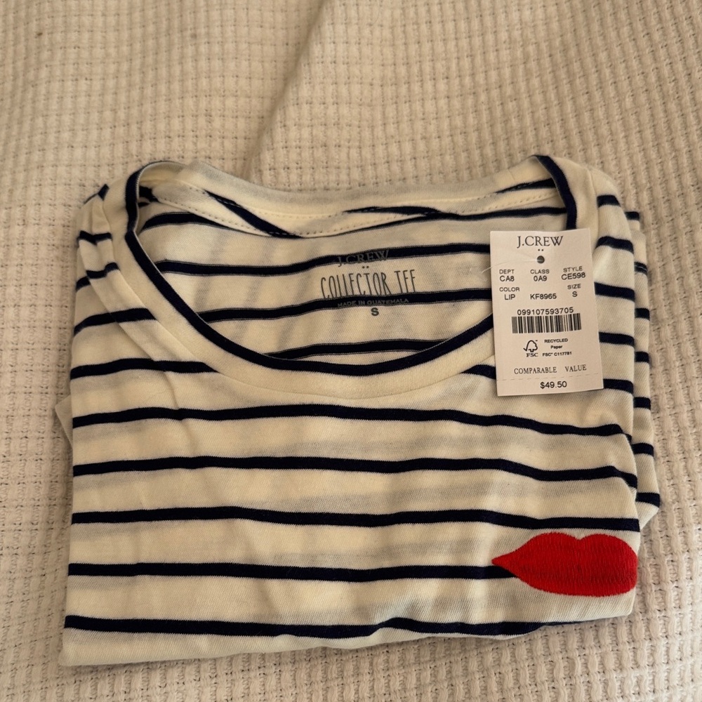 J. Crew Navy and White Striped Tee with Red Lip Accent